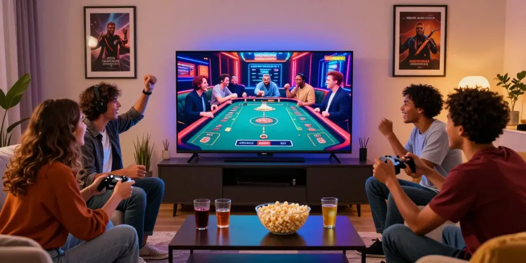 Friends enjoying games at a home casino not on gamstop, showcasing a lively atmosphere.