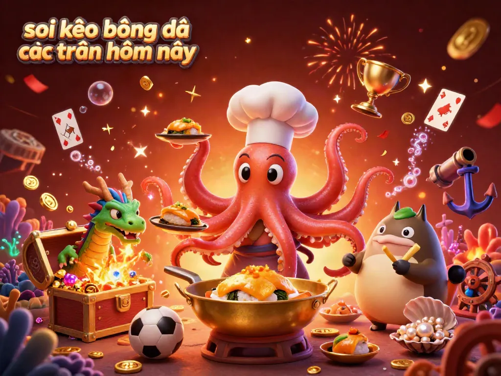 Soi kèo bóng đá các trận hôm nay showcases a vibrant 3D scene with an octopus chef, dragon, and tanuki surrounded by sports betting elements.