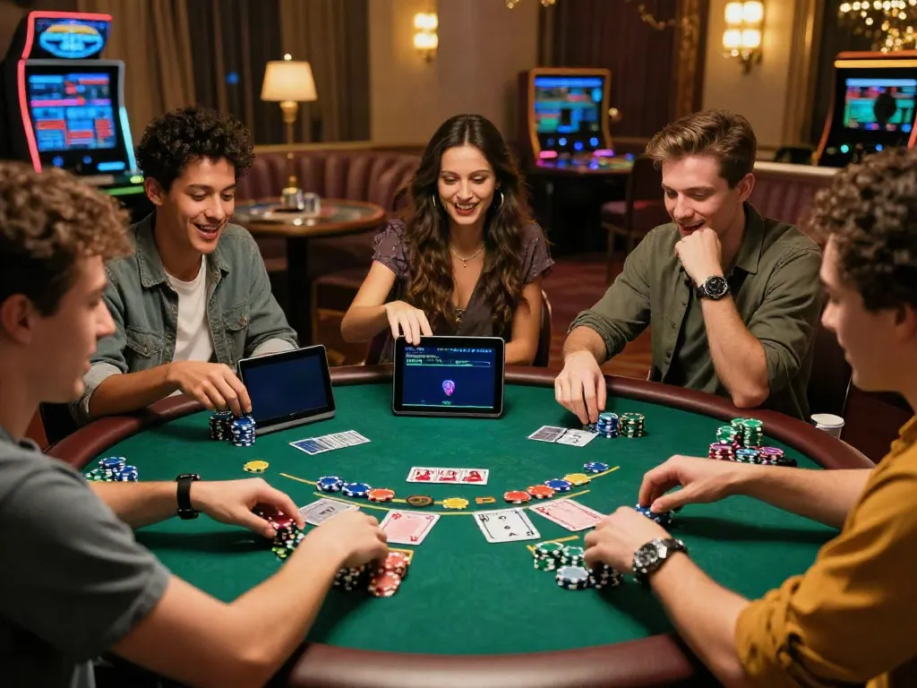 Friends enjoying a vibrant game at a casino not on GamStop, showcasing excitement and interaction.