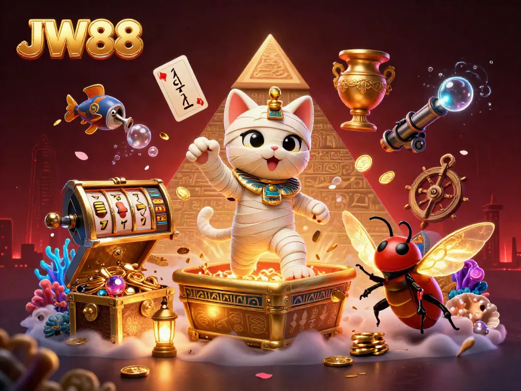 Experience the thrill of JW88 in this vibrant, dynamic casino scene featuring an Egyptian mummy cat and treasures.