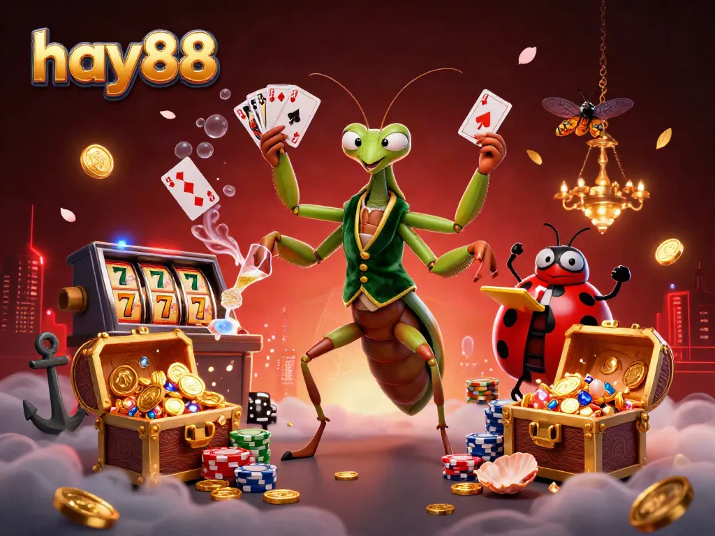 Experience thrilling games with HAY88's vibrant casino scene rich with slots, chips, and gold coins.