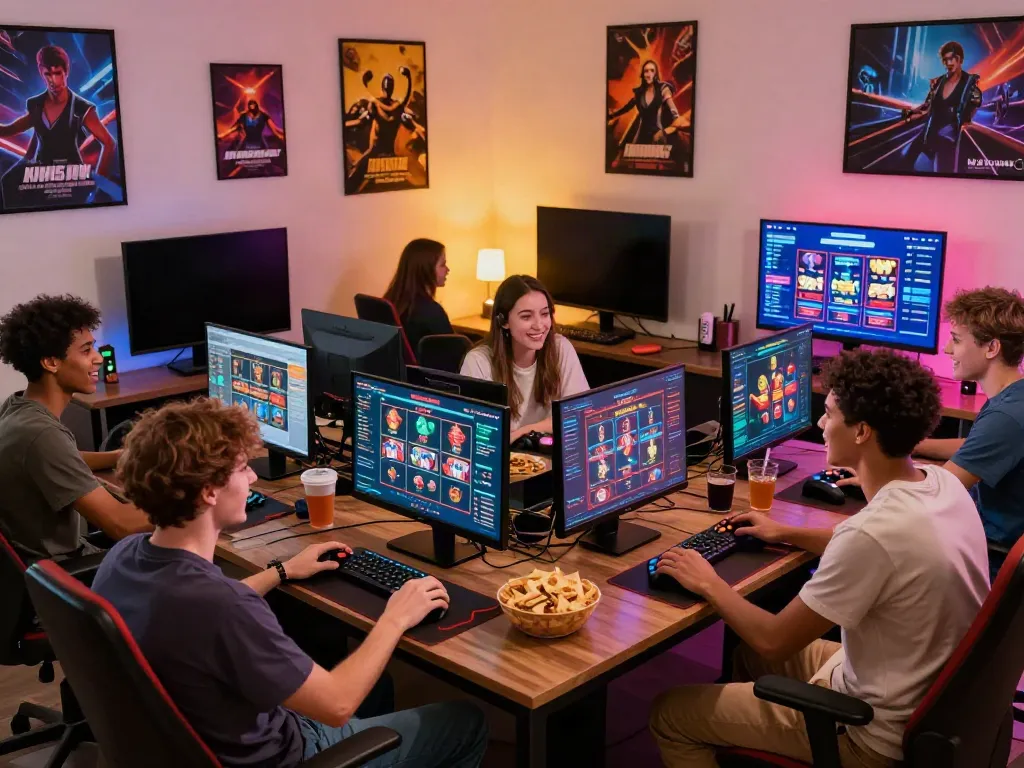 Friends gaming together in a lively room, exploring casinos not on Gamstop.