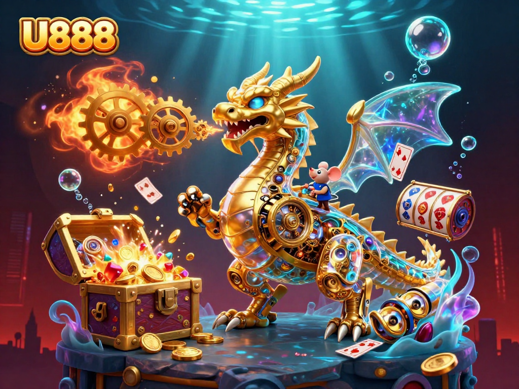 Engage with U888's thrilling gameplay featuring a golden dragon and dynamic casino elements.