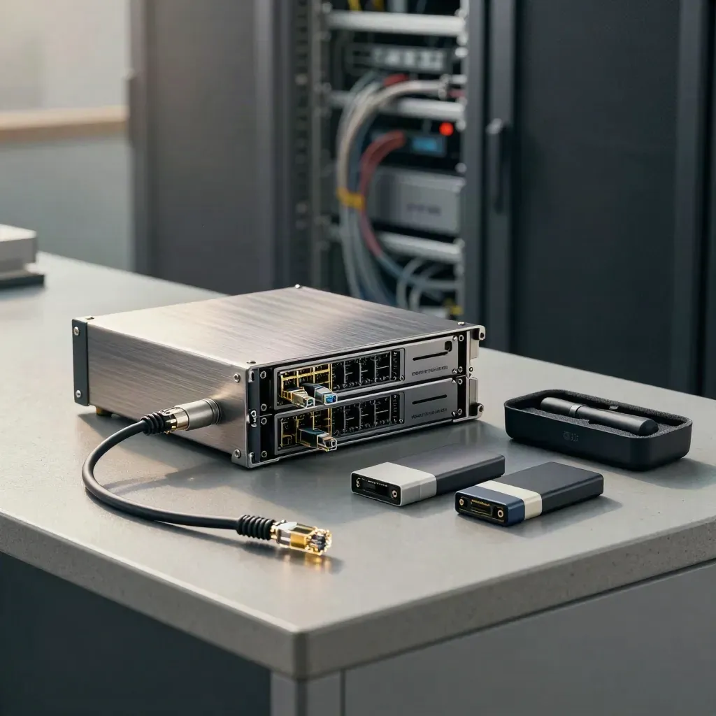 Brushed server drive trays and braided cables on a sage-grey concrete bench, lit like a premium data hero.