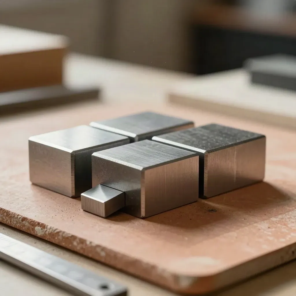 Machined gauge blocks and spacers on a clay-toned inspection slab with dramatic rim light