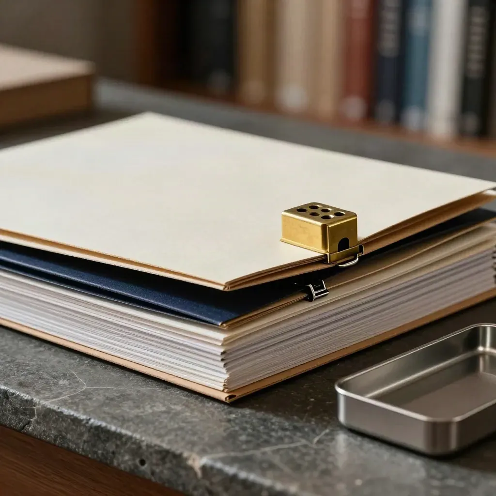 Closed report folders, brass paperweight, binder clips and filing tray on dark stone