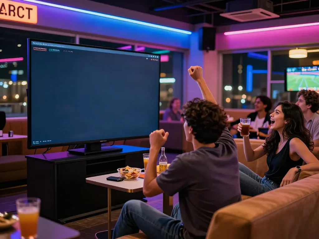Exciting sports betting atmosphere featuring friends cheering together while watching live sports events and enjoying drinks, showcasing Link zbet environment.