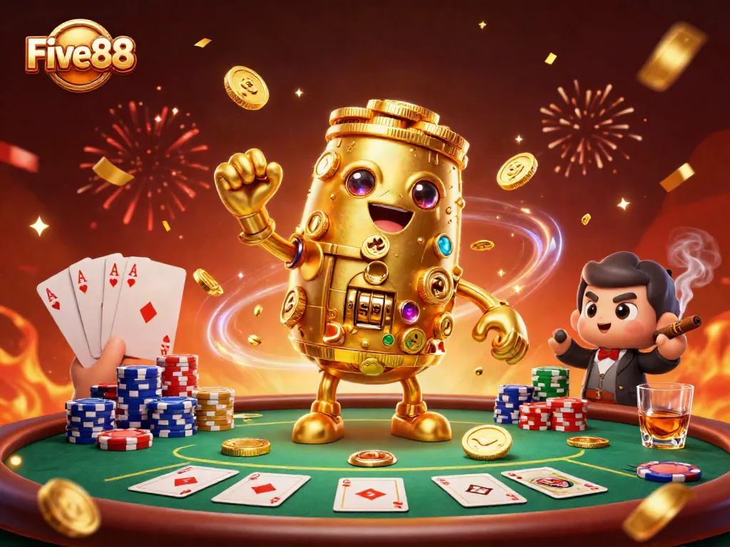 Experience thrilling gameplay at Five88 with a stunning golden golem and rich poker elements.