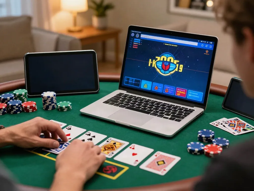 Engaged player at a casino not on GamStop playing online games with vibrant decor and gaming elements.