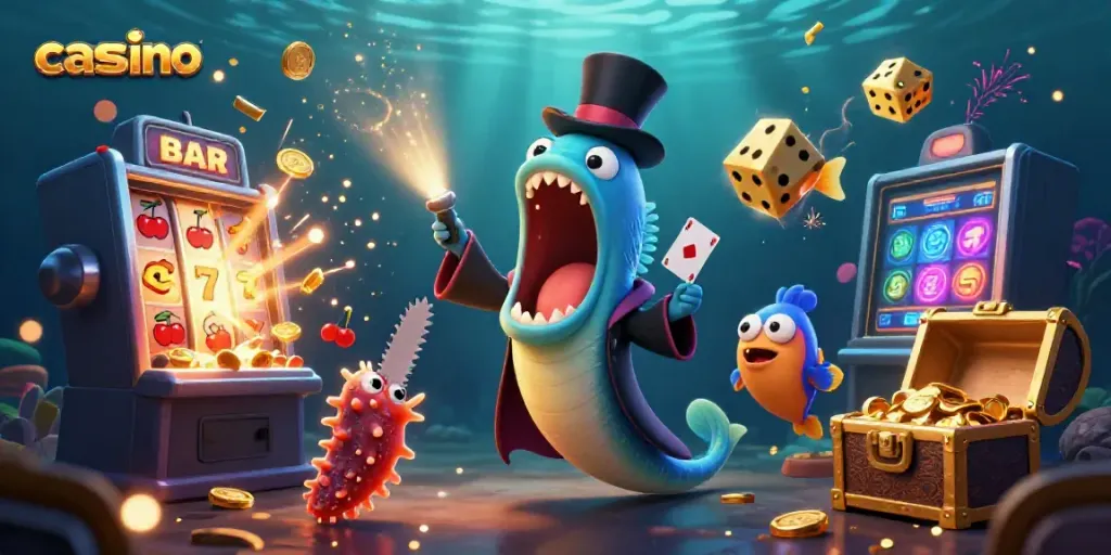 Engaging 3D casino scene featuring a bioluminescent eel magician amidst slot machines and golden confetti.