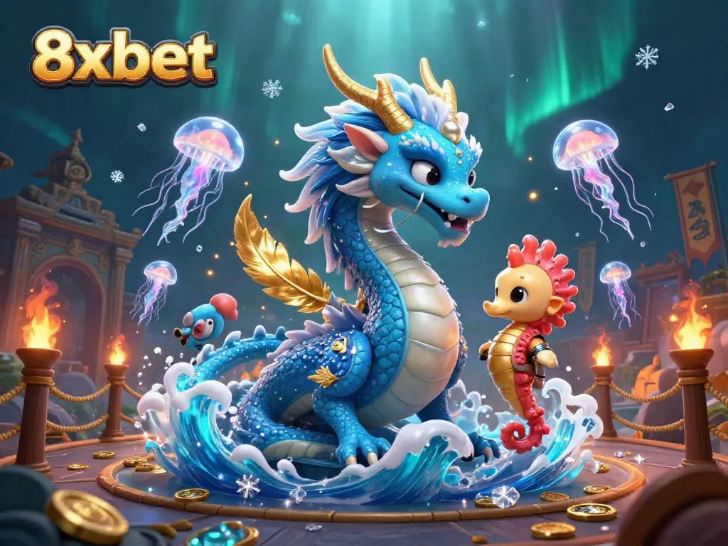 Bet with confidence at 8xbet, featuring an intricate scene with a water dragon, seahorse knight, and jellyfish.