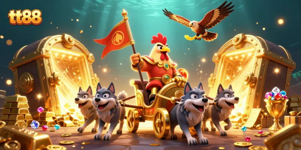 Experience excitement with tt88's casino adventures, featuring a roaring 3D rooster chariot amidst shimmering treasures.