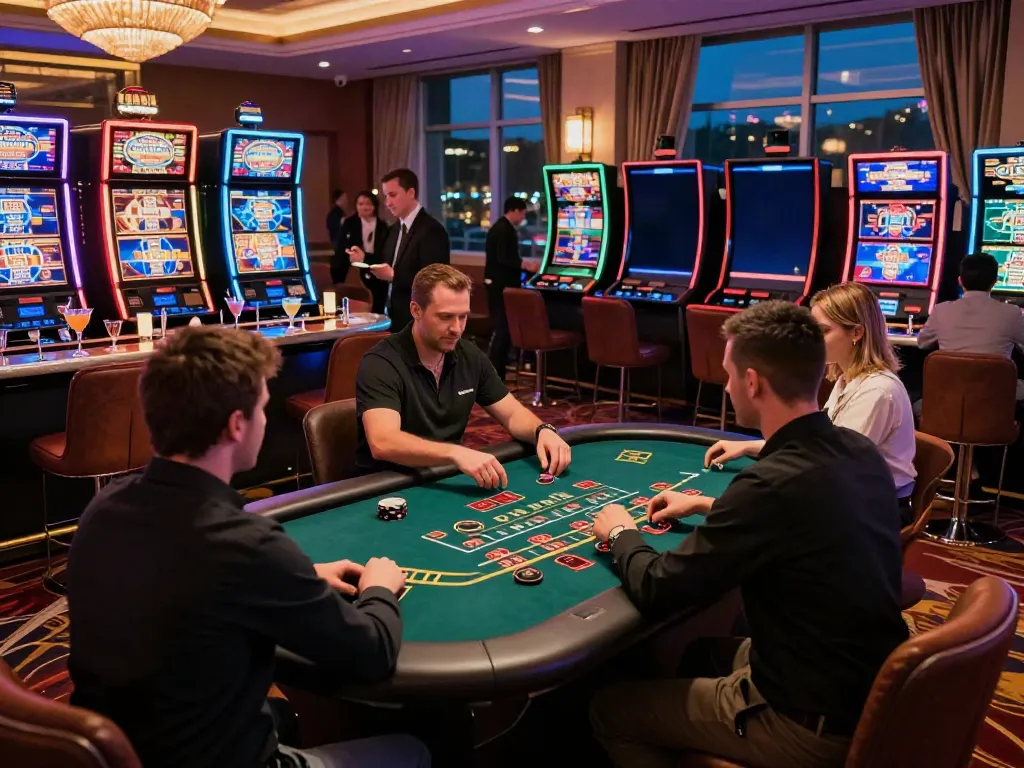 Exciting gaming scene at a casino not on GamStop, featuring vibrant lights and engaged players.