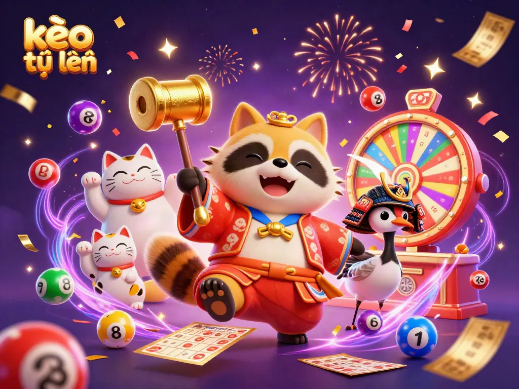 Experience kèo trực tuyến excitement with our vibrant illustration showcasing a cheerful tanuki, a crane, and fortune cats.
