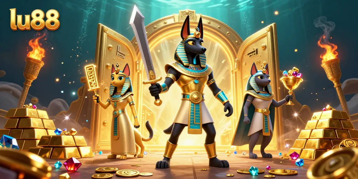 Engage with the excitement of lu88 online gambling featuring Anubis and Bastet in a vibrant scene.
