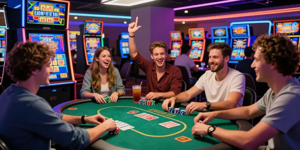 Exciting gaming scene at a casino not on GamStop with friends enjoying slots and poker.