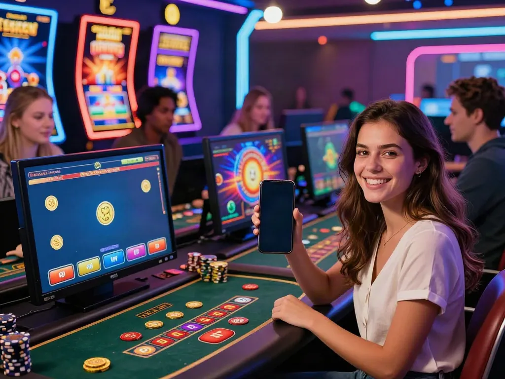 Excited players at a casino not on GamStop enjoying digital gaming and celebrating wins.