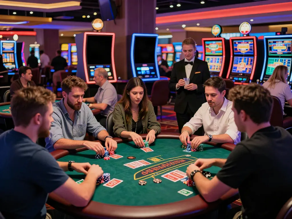 Exciting atmosphere of a casino not on Gamstop with players enjoying various games and vibrant decor.