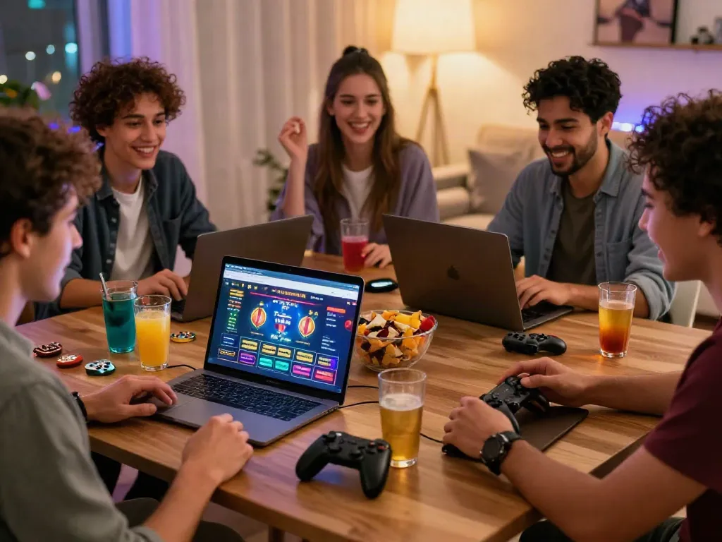 Diverse group enjoying online casino games not on GamStop at home, lively atmosphere with gaming devices and snacks.