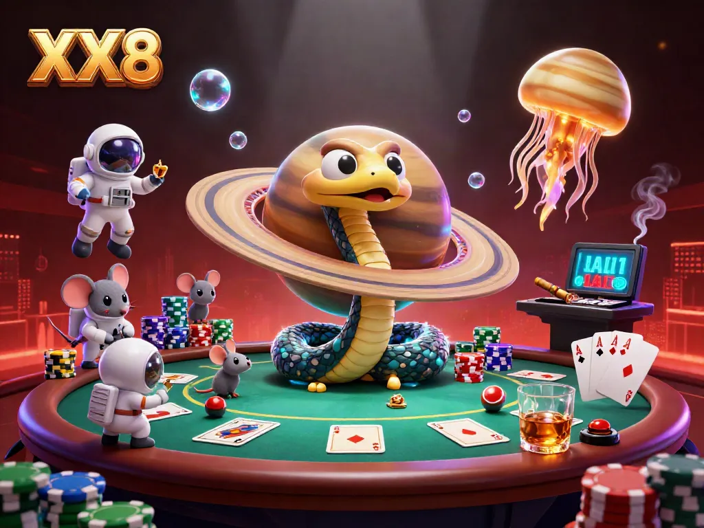 View XX8's exciting space casino with a Saturn ring snake dealer and astronaut mice, showcasing poker thrills.