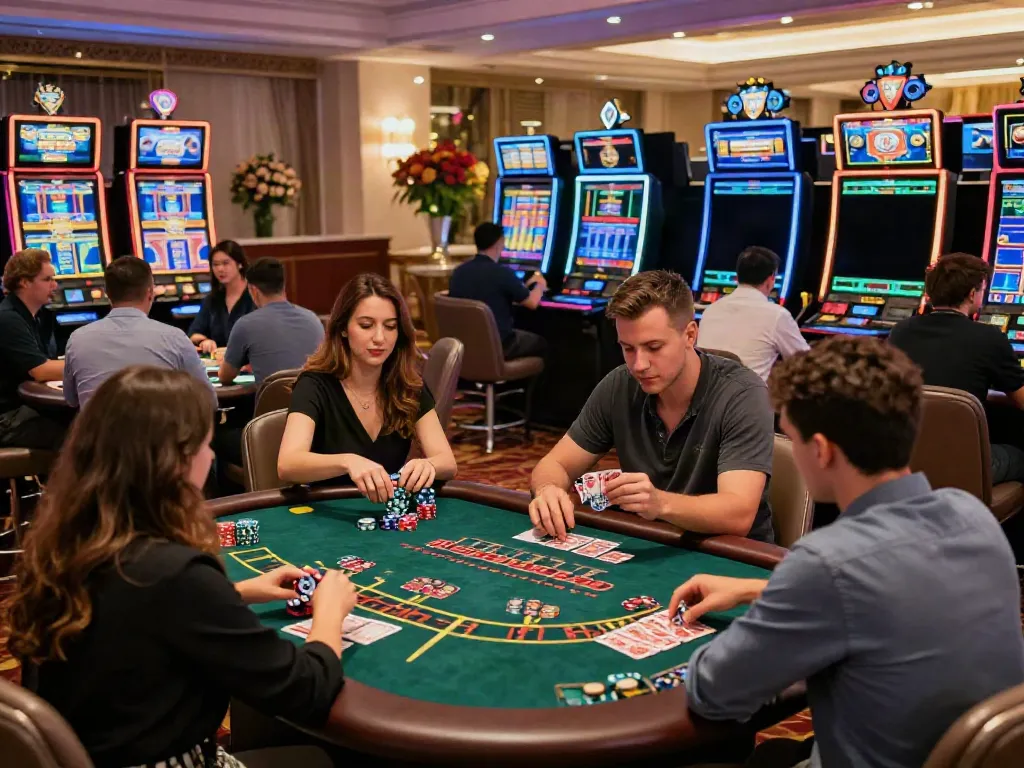 Exciting casino not on Gamstop scene with players engaged at gaming tables, vibrant atmosphere and modern decor.
