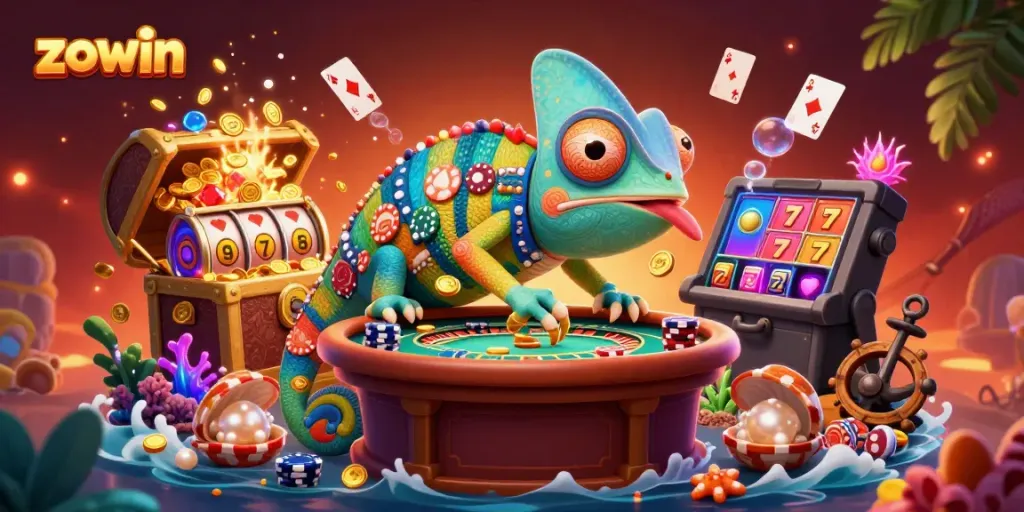 Zowin chameleon casino owner capturing golden coins with vibrant slot reels in 3D casino illustration.