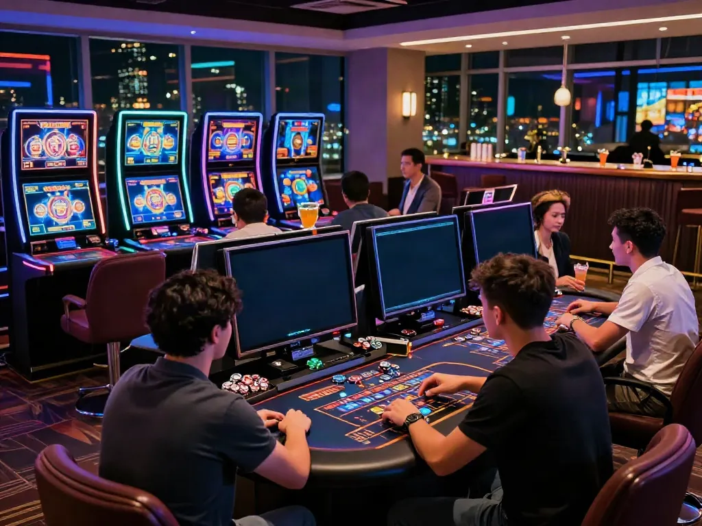 Casino not on Gamstop vibrant gaming room with players enjoying popular slot games surrounded by neon lights and modern design.