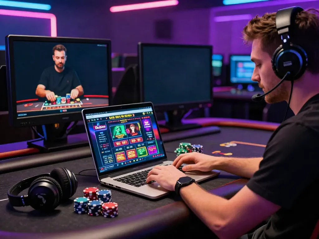 Excited player engaged at a casino not on GamStop, laptop showing games.