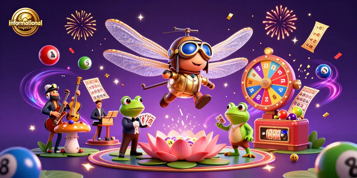 Engage with the energetic scene of an informational magazine featuring a dragonfly pilot and frog dealer at a lily pad casino.