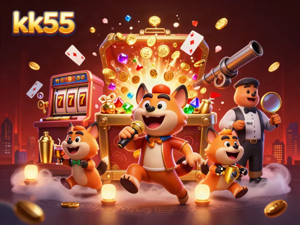 kk55 hyenas in a dynamic casino scene with shimmering treasures and vibrant games