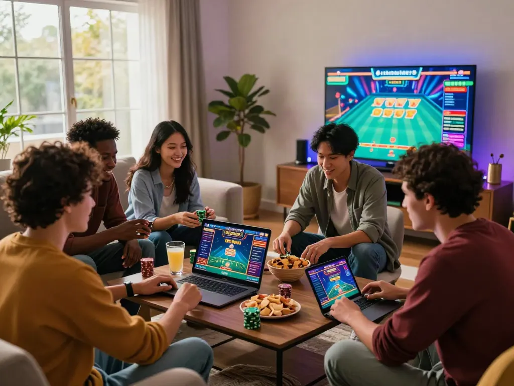 Group enjoying an online casino not on Gamstop in a cozy living room, showcasing excitement and bonding.