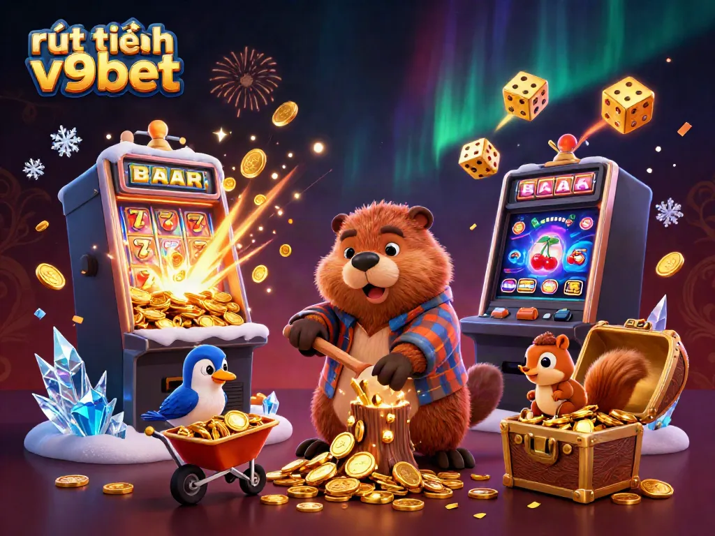 Experience fast money withdrawal with rút tiền v9bet in this vibrant 3D casino scene.