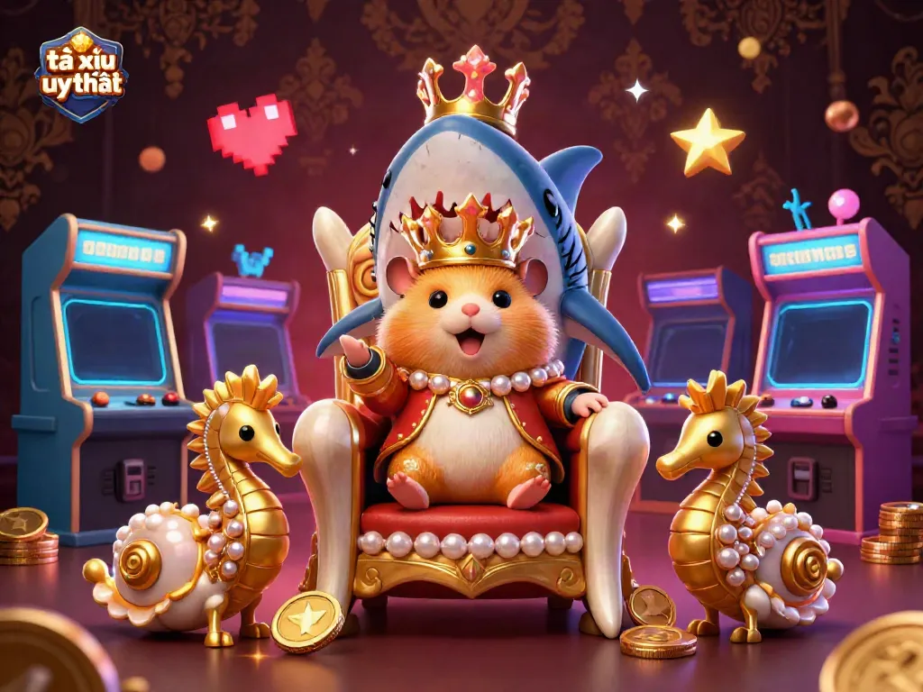 Experience the world of tài xỉu uy tín with a hamster king and seahorse guards in a vibrant 3D casino setting.