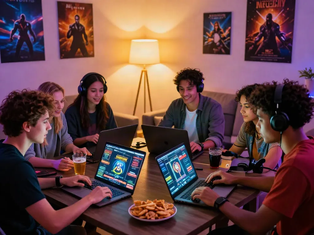 Friends enjoying casinos not on Gamstop in a cozy living room