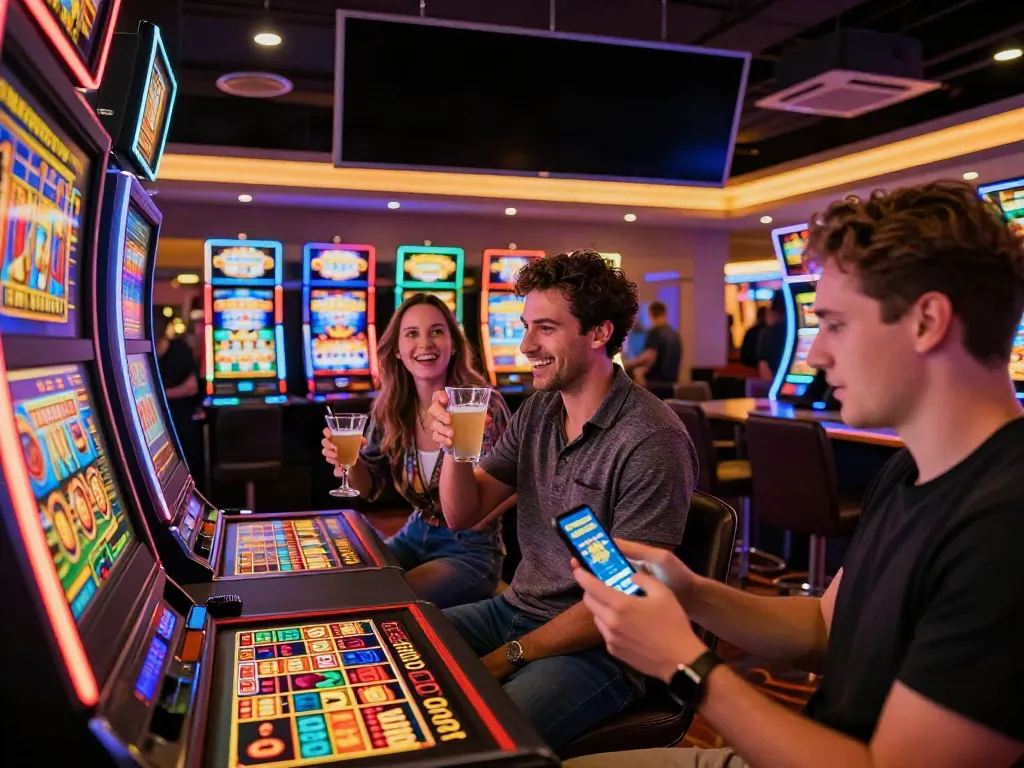 Friends enjoying casino games not on GamStop, vibrant atmosphere with slot machines and roulette.