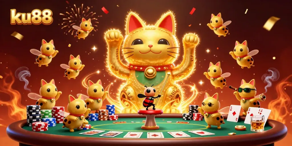 Experience the excitement of ku88 with a vibrant 3D scene featuring a lucky cat, poker elements, and festive confetti.
