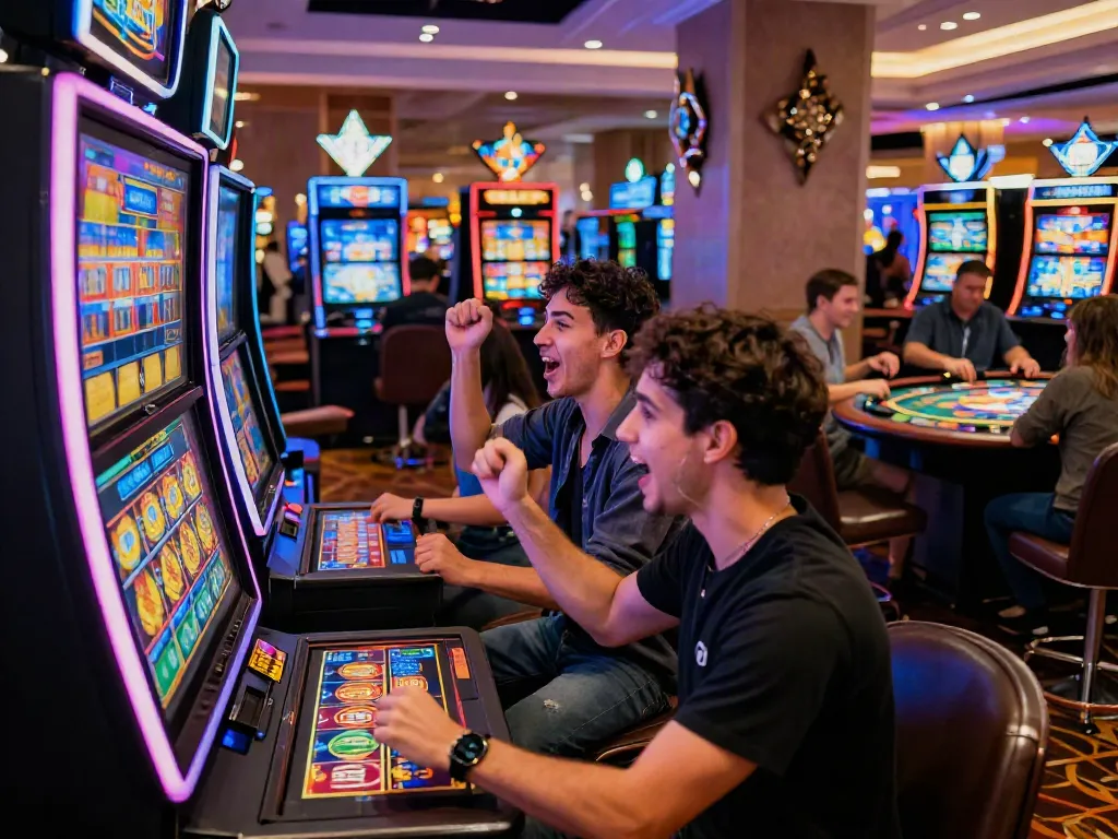 Players celebrating a win at a casino not on gamstop, showcasing vibrant gaming machines and excitement.