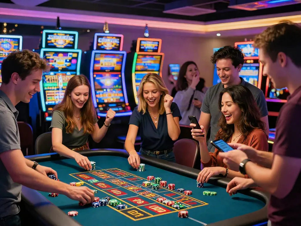 Energetic casino scene showcasing players enjoying games at casinos not on GamStop, vibrant atmosphere with neon lights.