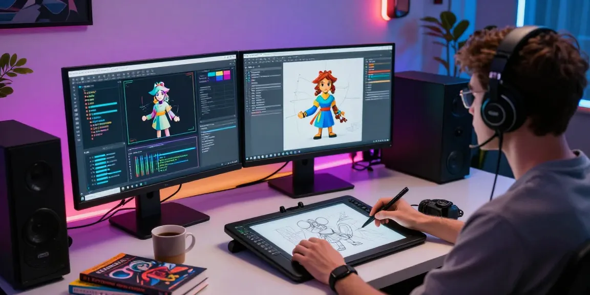 Exploring ai nsfw art creation in a vibrant digital studio with dual monitors.
