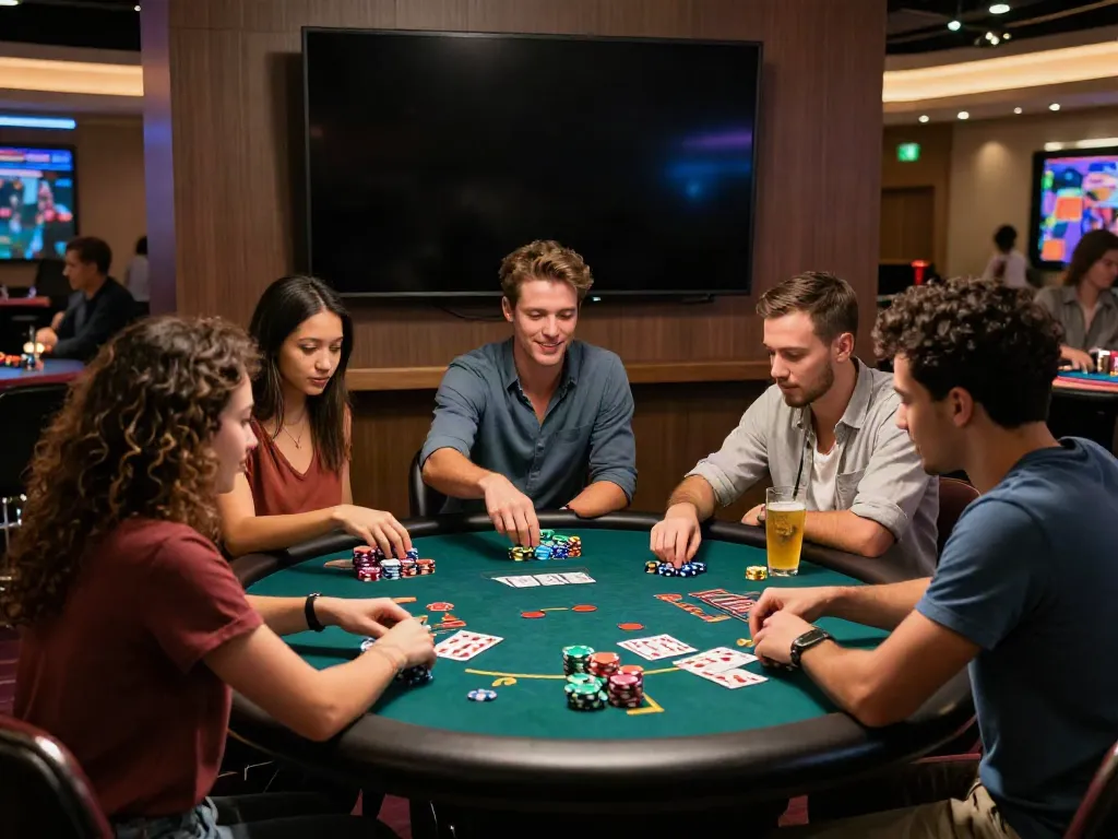 Friends enjoying an exciting game night at a casino not on Gamstop, surrounded by vibrant lights and colorful chips.