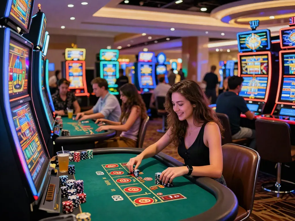 Excited players at a casino not on GamStop with vibrant decor and dynamic gaming atmosphere.