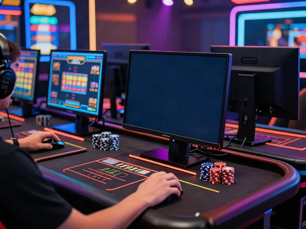 Exciting gameplay at a casino not on gamstop with vibrant monitors and colorful LED lights.