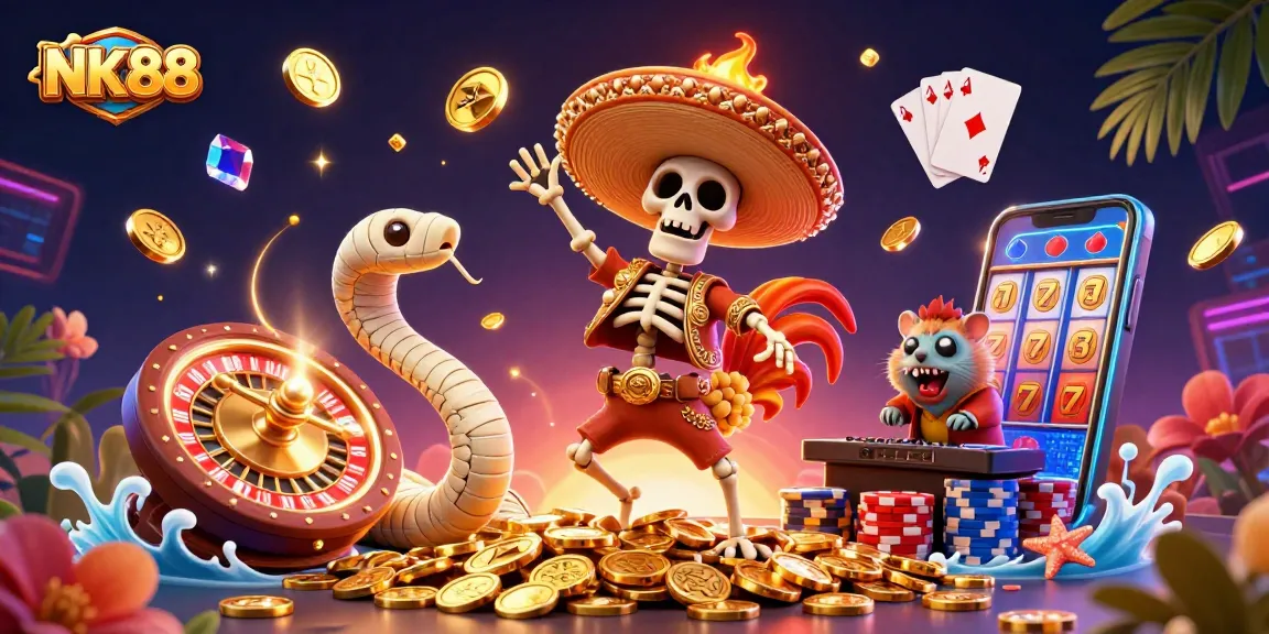 Experience the thrill of NK88 casino with vibrant 3D characters celebrating jackpot wins amidst golden coins.