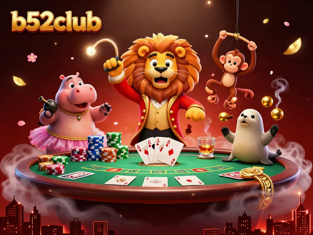 Engage in thrilling gameplay with b52club's vibrant casino illustration showcasing lively characters and poker elements.