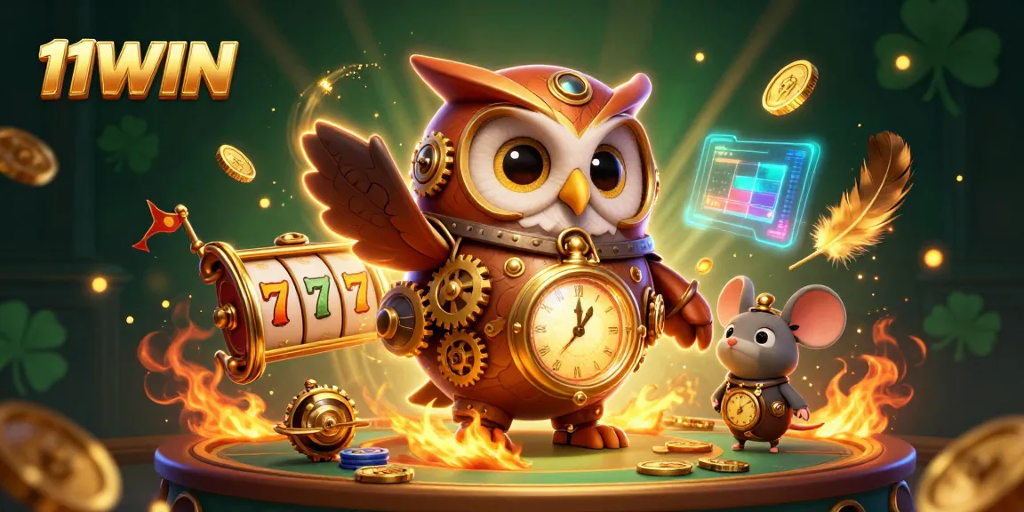 Engage in thrilling gameplay with 11WIN’s vibrant casino adventure featuring steampunk characters and slot reels.