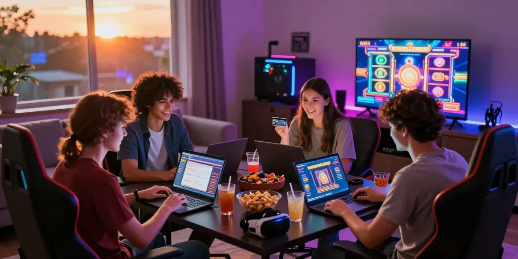 Group of friends enjoying games at home with laptops and snacks, highlighting casinos that accept credit card.