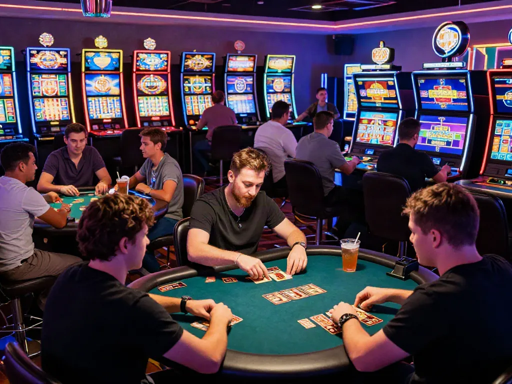 Exciting atmosphere in a casino not on GamStop, featuring diverse players enjoying games and vibrant neon lights.