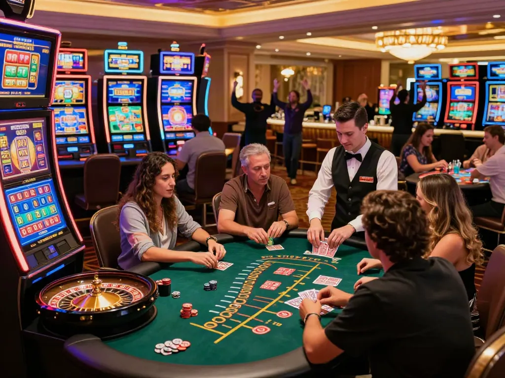 Casino not on GamStop gaming scene with diverse players enjoying various games