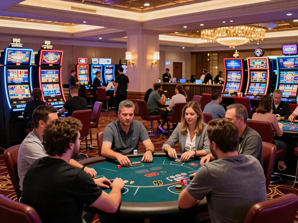Exciting gaming scene at a casino not on Gamstop, with diverse players enjoying table games.