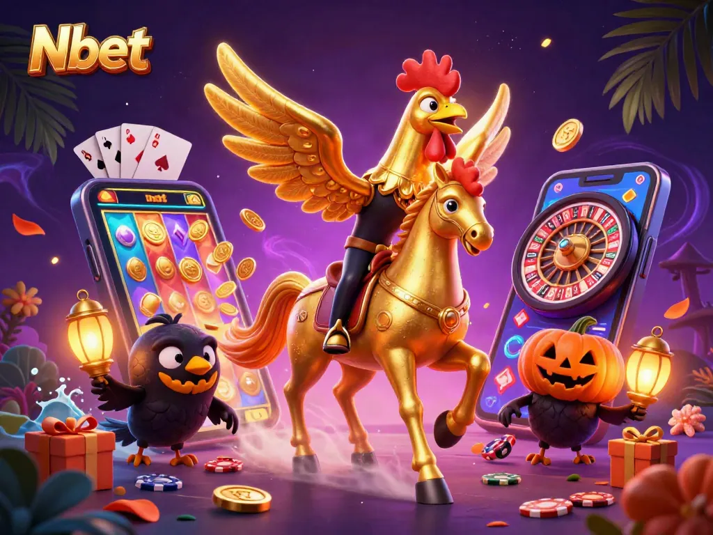 Nbet players enjoy an exhilarating gaming experience with a golden rooster in a vibrant casino scene.